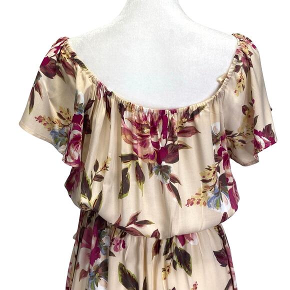 BAND OF GYPSIES Maxi Dress Sz M Floral Faux Wrap Beige Pink Flutter Sleeve Boho - Picture 8 of 10
